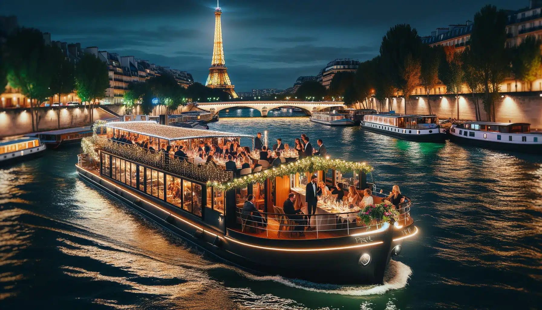 L'image montre une péniche élégante sur la Seine à Paris, illuminée de lumières festives pour un événement privé de nuit. La Tour Eiffel est visible en arrière-plan, également éclairée. Des invités sont sur le pont, profitant de la célébration, dînant et socialisant dans une ambiance élégante et animée. La scène est vibrante et pittoresque, capturant l'essence d'une soirée spéciale sur le fleuve.